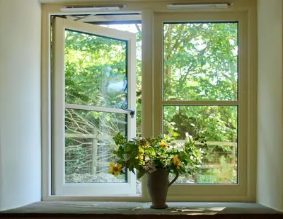 a window with a vase with a plant in it at Drovers Retreat in Llandrindod Wells