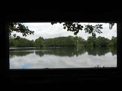 a view of a large lake from a window at The Barn at Titley in Kington
