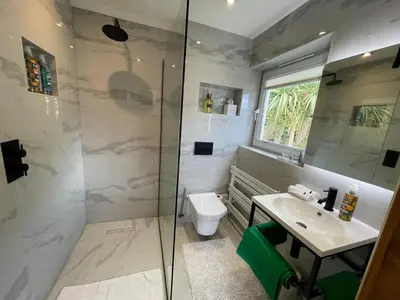a bathroom with a shower and a toilet and a sink at Brig-y-Don in Aberdyfi