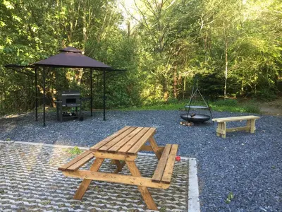 a picnic table and a swing and an umbrella at Bryn Melyn Farm Cottages in Bala