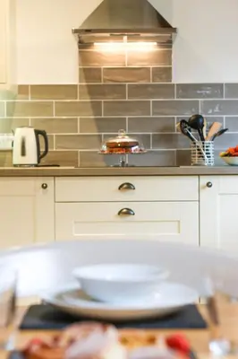 a kitchen with a sink and a plate on a table at Lake Cottages at Cwm Chwefru in Llanafan-fawr