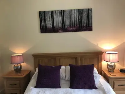 a bedroom with a bed with two lamps and a painting on the wall at Hafan Artro in Llanbedr