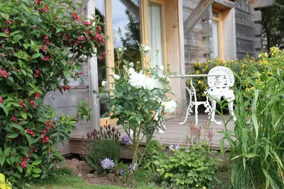 a porch with a white chair and flowers at Pandy B&B in Dorstone