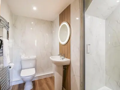 a bathroom with a toilet and a sink and a mirror at The Wain House in Acton Scott