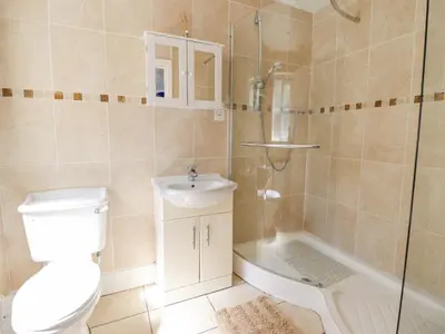 a bathroom with a toilet and a sink and a shower at 1 The Beeches in Llangollen