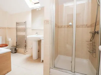 a bathroom with a shower and a sink at Bryn Howell Stables in Trevor