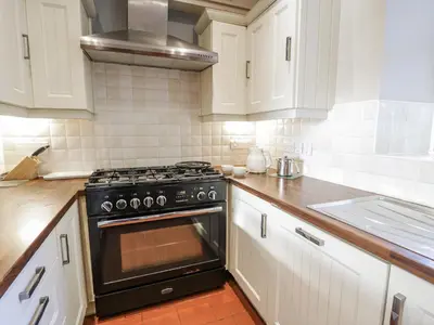 a kitchen with a black stove and a sink at Tyddyn Goronwy in Dyffryn