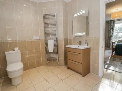 a bathroom with a toilet and a sink and a mirror at Tyddyn Goronwy in Dyffryn