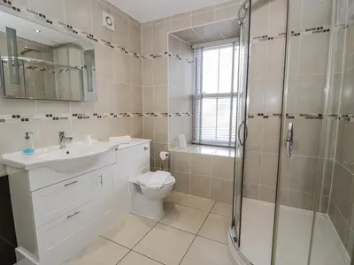 a bathroom with a toilet sink and a shower at Tyddyn Goronwy in Dyffryn