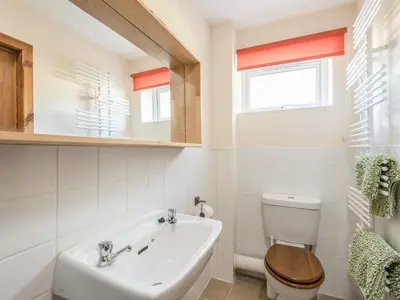 a white bathroom with a toilet and a sink at The Schoolhouse Brewhouse in Bishops Castle
