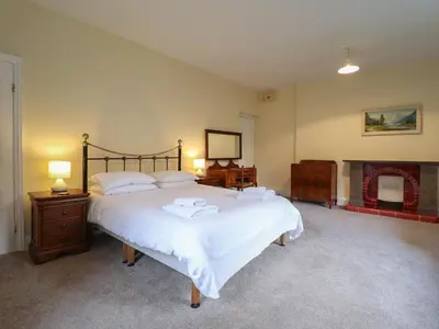 a bedroom with a large bed and a fireplace at Bryn Cemlyn in Llanfachreth