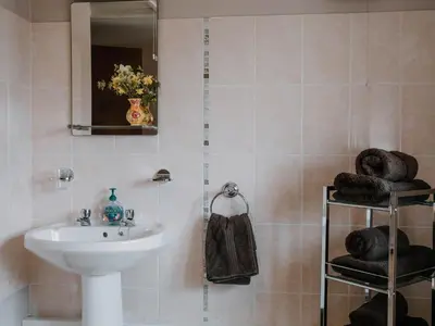 a bathroom with a sink and a mirror and towels at Stargazer's Field House in Clifford
