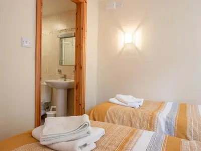 a bathroom with two beds and a sink and a mirror at Hendre Cottage in Trawsfynydd