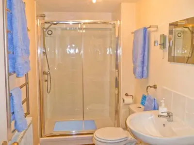 a bathroom with a shower and a toilet and a sink at Herons in Byford