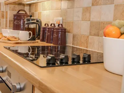 a kitchen counter with a stove and a bowl of oranges at The Turnip House in Acton Scott