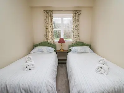 two twin beds in a room with a window at Salmon Cottage in Llanwrthwl