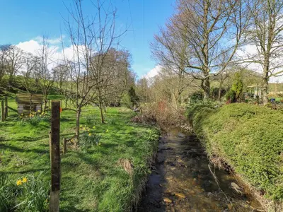a small stream in a field with trees and flowers at The Barn at Glanoer in Bettws Disserth