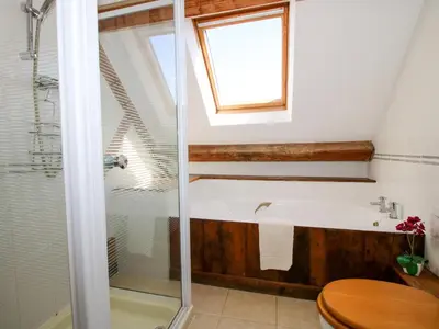a bathroom with a shower and a sink and a toilet at Trooper's Barn in Acton Scott