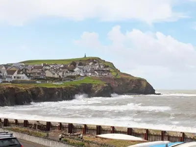 a view of the ocean with houses on a hill at Trysor Y Mor in Borth