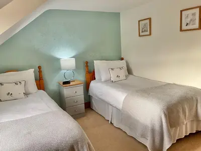 a bedroom with two beds and a lamp on a night stand at Tangaer Cottage in Cellan