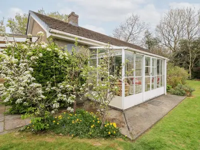a greenhouse in the garden of a house at Bryn yr Haf in Llanfair Clydogau