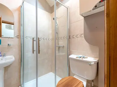 a bathroom with a shower and a toilet and a sink at Old Town Cottage in Ludlow