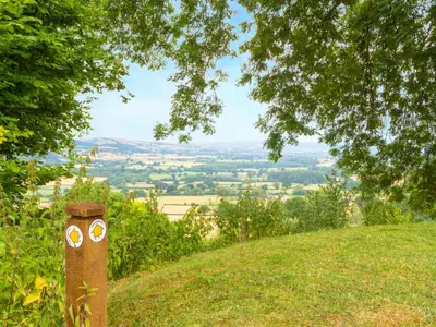 a pole with eyes drawn on it on a hill at Bishop's Castle Barn in Bishops Castle
