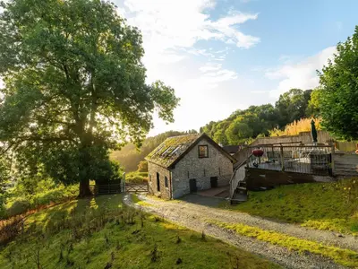 an old barn in a field with a tree at Bishop's Castle Barn in Bishops Castle
