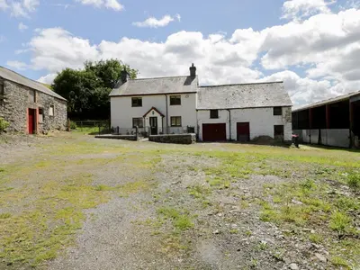 an old white house with a field in front of it at Maerdy Cottage in Bettws Gwerfil Goch