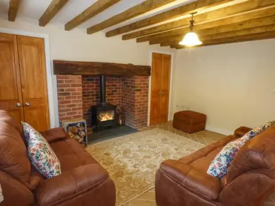 a living room with two couches and a fireplace at Maerdy Cottage in Bettws Gwerfil Goch