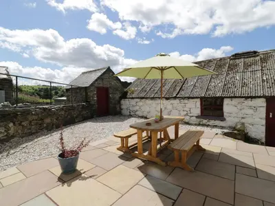 a picnic table with an umbrella on a patio at Maerdy Cottage in Bettws Gwerfil Goch