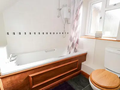 a bathroom with a tub and a toilet and a window at Peniarth in Pen-y-bont-fawr