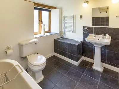 a bathroom with a toilet and a sink at Little Cow House in Chirk