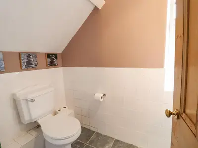 a bathroom with a white toilet in a room at Is Y Deri in Harlech