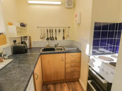 a kitchen with a sink and a stove at Bryn Melyn Artist's Cottage in Llanelltyd