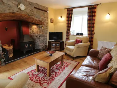 a living room with a couch and a fireplace at Hafan in Llanerfyl