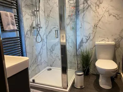 a bathroom with a shower and a toilet and a sink at Hafan in Llanerfyl