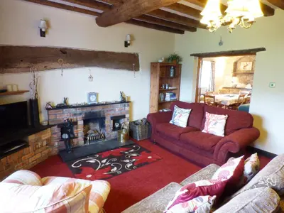 a living room with two couches and a fireplace at Arllen Fawr in Pen-y-bont-fawr