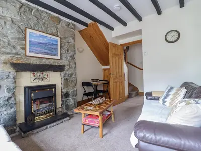 a living room with a fireplace and a couch at Cae Tanws Bach in Dolgellau