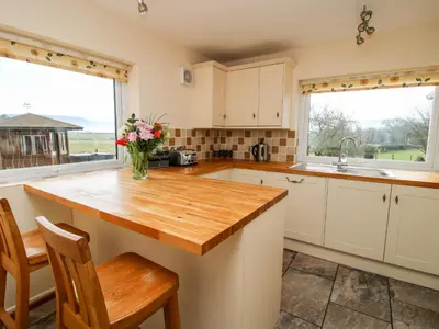 a kitchen with a wooden counter top and two windows at Bicton Lea in Acton