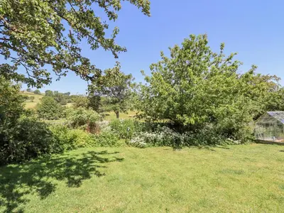 a field with trees and a house in the background at Dyffryn Bach in Rug