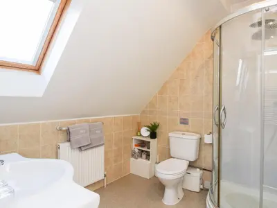 a bathroom with a toilet and a shower at The Wynnstead Annexe in West Felton