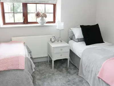 a bedroom with two beds and a table with a clock at Little Beeches in Selattyn