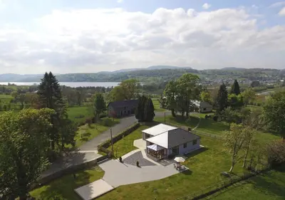 an aerial view of a house with a driveway at Bwthyn Bryn yr Aber in Bala