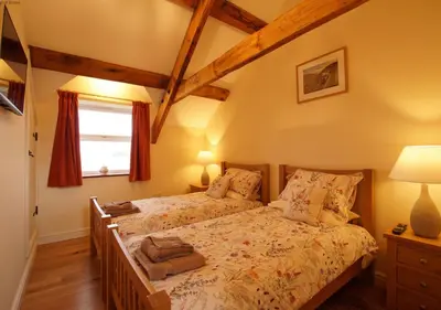 a bedroom with a bed and a window at Hafod in Llanddwywe
