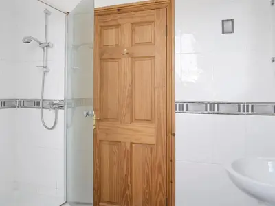 a bathroom with a wooden door and a sink at No 1 Pegraig Draw - Uk6434 in Llanychaiarn