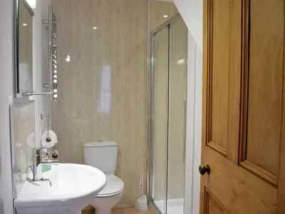 a bathroom with a toilet and a sink and a shower at Delfryn in Llanarth