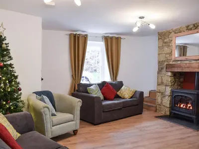 a living room with a couch and a christmas tree at Delfryn in Llanarth