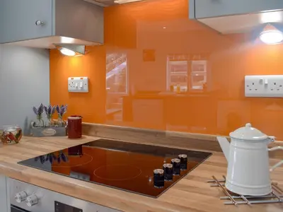 a kitchen with orange walls and a counter top at Delfryn in Llanarth