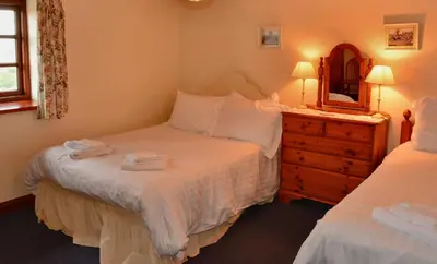 a bedroom with two beds and a mirror and a dresser at Upper Onibury Cottages in Onibury